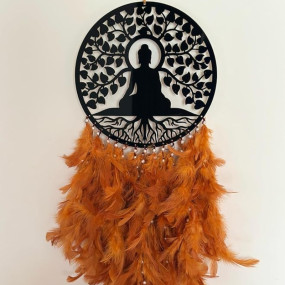 AGAM DECORS - Elegant 8 Inch Buddha Dreamcatcher with Rusty Brown Feathers - Wall Hangings, Home D?cor, Handmade Dreamcatcher for Bedroom, Balcony, Garden, Party, Caf?