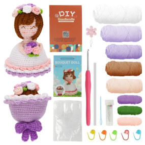 PATPAT? DIY Stuffed Crochet Doll Craft Kit, Set of 2Pcs Little Bride Crochets Doll & Purple Bouquet Crochet Kit DIY Bag Charm Gift Keyring Charm, with Yarn, Tools & Step by Step Video Instruction