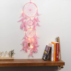 ILU? Dream Catcher with Lights, Wall Hangings, Crafts, Home D?cor, Handmade for Bedroom, Balcony, Garden, Party, Caf?, Decoration, Wedding, Decorative, Pink Feathers (17 cm Diameter)