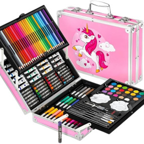 Corslet 145-Piece Art Set for Kids with Unicorn Storage Case | Drawing & Painting Kit with Oil Pastels, Watercolors, Sketch Pens, Color Pencils | Art & Craft Supplies for Girls & Boys (Pink)