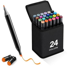 Vasukie Dual Tip Colourful Art Markers Sketch Pens 24 Colours With Carrying Case For Painting Sketching Calligraphy Drawing Non Toxic Twin Head Permanent Colouring Markers For Kids Adult (24 PC)