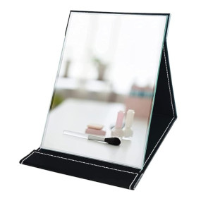 Agabani Folding Round Compact Mirror - PU Leather Vanity With Stand for Desk, Camping, Travel - Personal Tabletop HandMirror - Princess Square Makeup Mirror, Small and Framed