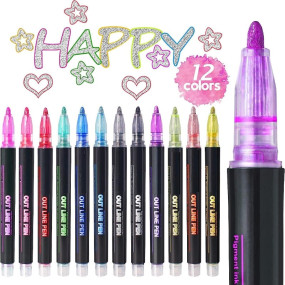SUPER TOY 12 Pc Metallic Double Line Outline Markers Glitter Pen Set for Rock Painting, Glass, Mug, Wood, Fabric, Canvas, DIY Craft with Fine Medium Tip Perfect Creative Gift Idea