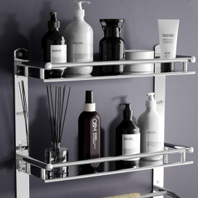 GLOXY Stainless Steel Double Layer Shelf with Towel Rod - Bathroom Shelves for Optimal Storage, with Sleek Chrome Finish Durable Bathroom Accessories and Fittings (5D X 15W X 18H Inch)