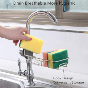 Stainless Steel Adjusting Multifunctional Over Kitchen Sink Caddy Clamp Faucet Sponge Scrubber Holder Storage Hanging Shelf Draining Bathroom Tap Shampoo Soap Organizer Rack (Pack of 1)