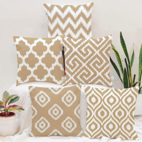 STITCHNEST Set of 5 Polycotton Cushion Covers ? 16x16 Inches ? Beige & White Ikat Geometric Print ? Elegant Cushion Covers for Sofa & Living Room Decor
