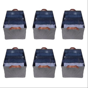 LIVVAA Wardrobe Storage Organizer with Sturdy Handles | Foldable Storage Basket for Clothes, Toys & Accessories | Space-Saving Closet Organizer for Home | Almirah Organizer | Gray (Pack of 6)