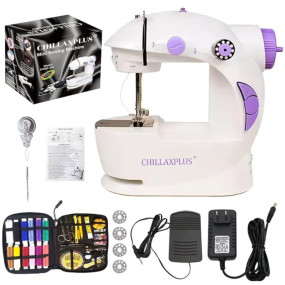 CHILLAXPLUS Stitching Machine - Portable Sewing Machine for Home Use with with 12 Thread Sewing Kit and Foot Pedal, Mini Silai Machine - Compact Tailoring Tool ? White
