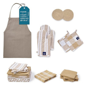 Encasa XO Kitchen Towels and Dishcloths Sets |21 Pcs Apartment Essentials Set | Oven Mitts and Pot Holders with Hanging Loop | Cooking Apron, Dish Cloth, Flour Sack and Coasters Beige Combo