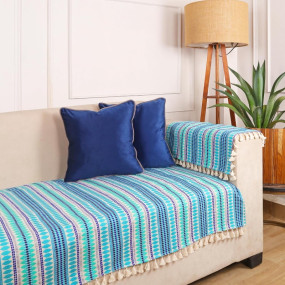 STITCHNEST Woven 3 Seater Sofa Protector with Hand Rest Covers ? Blue & White Stripe Design ? Washable Fabric with Tassels ? Stylish Sofa Cover for Modern Living Room & Furniture D?cor