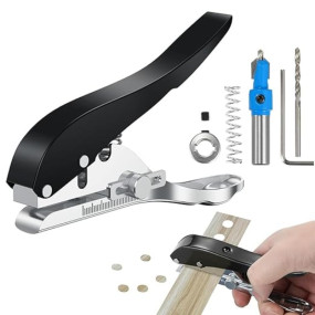 Serplex? Manual Hole Punch Kit Heavy Duty Spring Loaded Hole Punch, 10mm Hole Size, Maximum Thickness 1.2mm Punching Tool for Wooden Edge Bands, Plastic Sheets, Paper, with Drill & Drill Stop Collar
