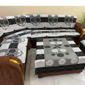 BALLEY Elegant 16 Pcs Sofa Cover Set with Matching Table Cover ? Premium Floral Lace Design | L Shape Sofa Protector with Armrest & Cushion Covers | Stylish & Durable Furniture Decoration Set (Black)