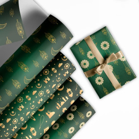 Festiko? Set of 12 Pcs Wrapping Papers for Ramadan/Eid (Green & Golden), Gift Wrapping Paper, Eid Party Supplies