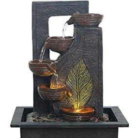 CHRONIKLE Polyresin Table Top Black 4 Diya Steps & Green Leaf Design Indoor Waterfall Fountain for Home Decor with LED Lights & Speed Controller Pump (Size: 40 x 29.5 x 22CM | Weight: 2250grm)