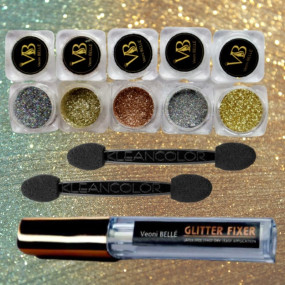 Veoni Belle Glitter for Eyes Loose Powder Shimmer Set of 5 Holographic Glitters,2 Applicator & Glitter Fixer Complete Pack
