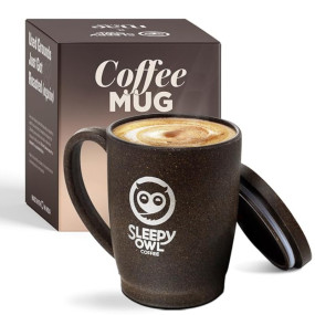 Sleepy Owl Coffee Mug with Lid | Crafted from Used Coffee Grounds | Eco-Friendly & Sustainable Cup | Microwave Safe | Spill Proof | Travel Friendly | Office | Home | Premium Gift | 370ml 1 Piece