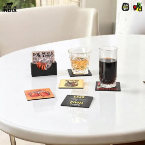 Gift Kya De Coaster Set Of 6 Beautiful Wooden Coasters With Proper Coaster Stand Designer Coaster Set Fit For Tea Cups, Coffee Mugs, Beer Mugs And Glasses (Square 3.8 X 3.8 Inch) (Beer)