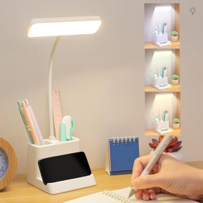 Niwlix Plastic Table Desk Lamp For Study Room Led Table Lamp For Students With Pen Phone Holder Mini Gooseneck, College Room Lamp Light For Study Gift Girls Boys, White