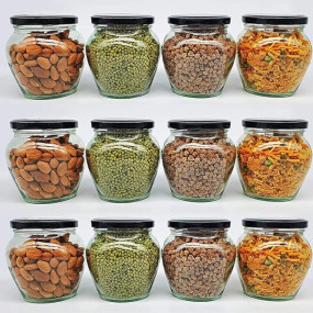 SITOVI Transparent Glass Jar and Container Air Tight Black Lid for Kitchen 400 ml Mataki Glass Jar with Airtight Metal Lid Pack of (6)