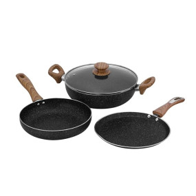Chakmak Gravel Non Stick Granite 4 Pcs Cookware Set | Frypan 24cm 1500ml, Dosa Tawa 28cm, Kadhai with Glass Lid 26cm 3200ml | Gas & Induction Compatible, Granite Finish (4Pcs)