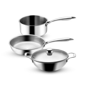 Vaya Hautechef Triply Stainless Steel Cookware Set, 4-Piece ? Frypan 24cm, Kadai 26cm with Glass Lid, Saucepan 18cm, Induction & Gas Compatible, Durable Kitchen Utensils for Indian Cooking