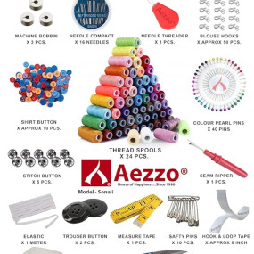 Aezzo Double Layer Tailoring Sewing Kit Box with 24 Thread Spool,Needles,Measure Tape, Dress & Trouser Hook,Bobbins,Shirt Buttons,Seam Ripper,Scissors,Pearl Pin with Sewing Kit Box.