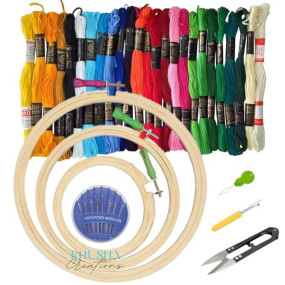 Embroidery Kit for Beginners with 3 Wooden Hoops (8", 6", 5"), 15 Color Threads, 20 Needles,1 Thread Cutter, 1 Seam Ripper 1 Threader ? DIY Stitching & Needlework Set for Hand Embroidery & Hoop Art