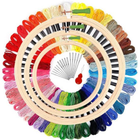 Desiderio Embroidery Material Kit for Beginners with 3pcs Wooden Embroidery Hoop (Size: 5?,6? and 8? Inches) 25pcs Multicolor Threads and 15pcs Needles, 1 Threaders Set 1 (Embroidery Kit)