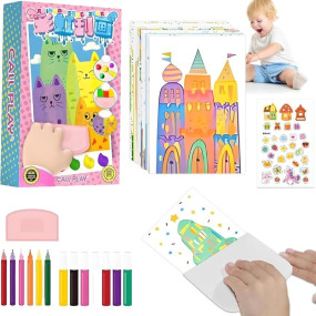 WISHKEY Squeegee Art Kids Paint Kit ? 35 PCS Rainbow Scratch & Dot Painting Set with 20 Sheets Paper, 7 Paints, 6 Watercolor Pens, Stickers & Squeegee ? Creative Craft Kit for Boys & Girls Ages 4-12