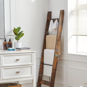 Wooden Grove 5-Tier Wooden Blanket Ladder ? Rustic Brown Quilt Rack with 4 Removable Hooks, Decorative Ladder Shelf Organizer for Living Room & Bedroom (Brown, 5 Tier)