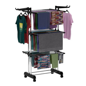 BrandFlex Foldable Cloth Drying Stand Stainless Steel ? 3 Tier Heavy-Duty Clothes Dryer for Balcony, Indoor & Outdoor Use | with Wheels & Hanger Slots | Rust-Proof Laundry Rack (Black, 3 TIRE)