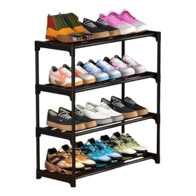 SKEDIZ 4-Tier Shoe Rack Organiser, Black Plastic Storage Shelf, Compact Footwear Stand, ShoeRack Plastic 4 Shelf