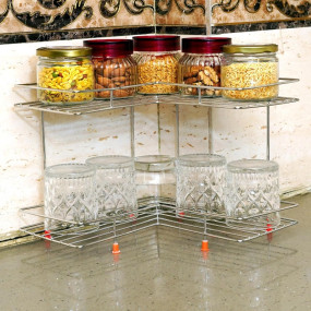 ain 2-Tier Stainless Steel L-Corner Kitchen Rack ? Wall-Mounted Storage Stand for Kitchen & Bathroom